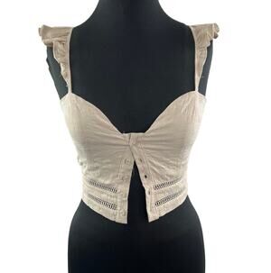 Rumor Beige Crop Top Smocked Sweetheart Button-Up Flutter Ruffle Sleeve Sz 8 NEW